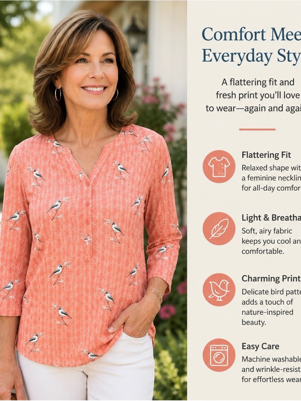 croft & barrow Coral Bird-Print V-Neck Tunic